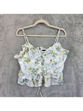 Aqua Tank Top Womens L White Floral Off Shoulder Ruffle Peplum Cropped Camisole